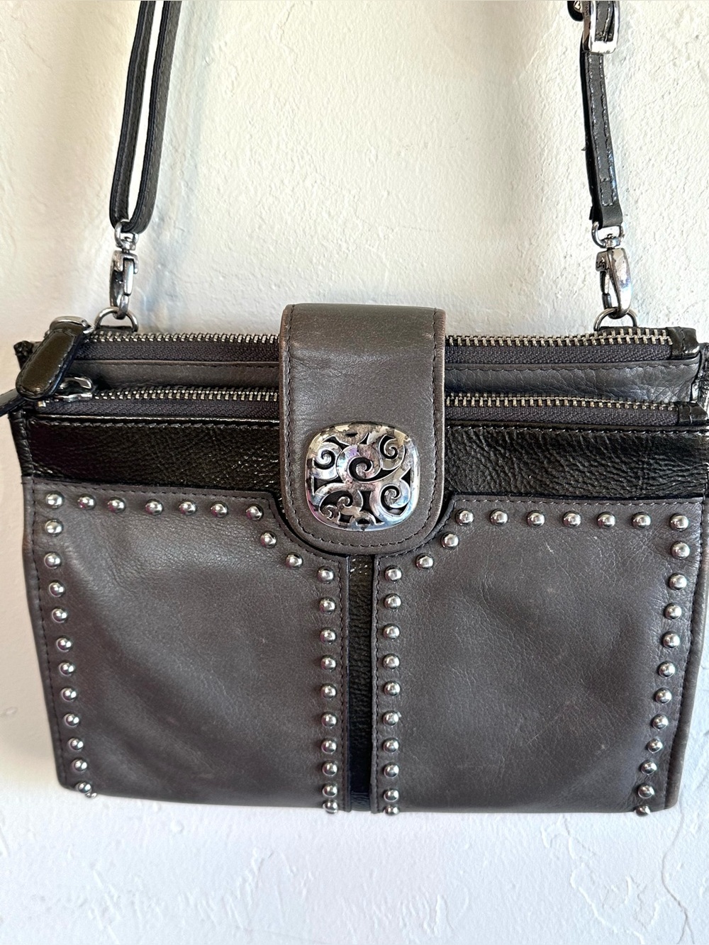 Brighton 100% Leather Grey/Pewter Studded Slim Crossbody Travel Pocketbook Bag